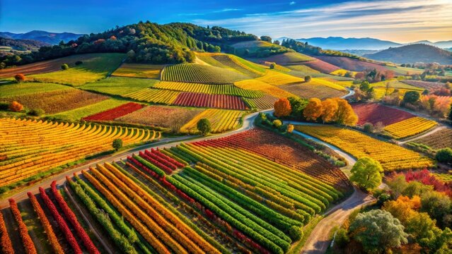 Aerial View of Autumn Vineyards in Alella, Barcelona - Scenic Wine Landscape Photography