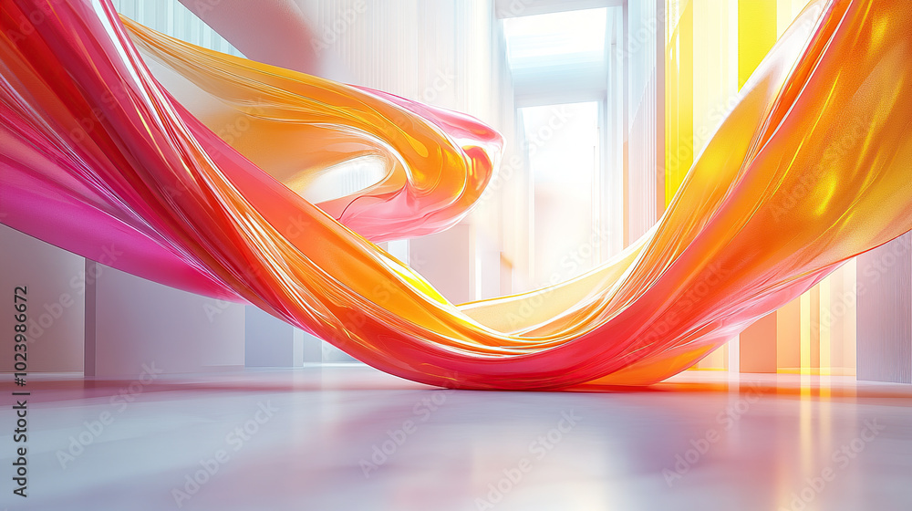 Poster abstract colorful background with flowing ribbons in a modern interior, a 3d rendering illustration 