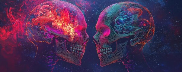 Vibrant digital art featuring two skulls with cosmic elements, embodying themes of life, death, and the universe's mysteries.