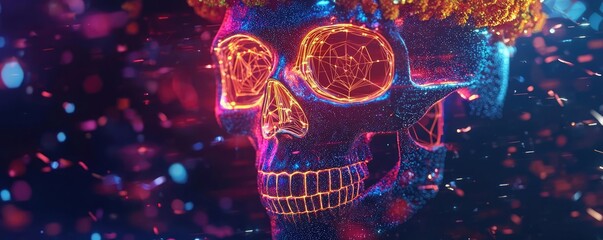 A stunning neon skull illuminated in vibrant colors, perfect for themes of mystery, Halloween, or modern art.
