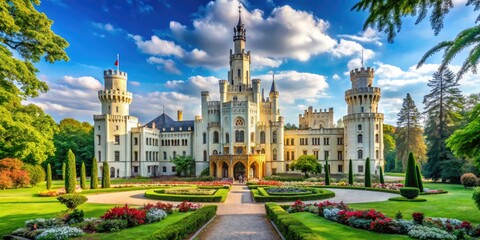 Surrounded by lush gardens and radiant blue skies, Chateau Hluboka stands majestically, embodying the enchanting beauty of South Bohemia in the Czech Republic.