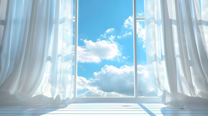 Sunlit Window with Soft White Curtains and Clear Blue Sky View