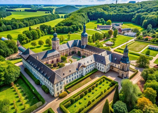 Aerial View of the Princely Abbey of Corvey - Stunning Architectural Heritage in North Rhine-Westphalia, Germany