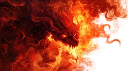 Fototapeta premium Fiery dragon illustration with vibrant flames and a dark, smoky background.