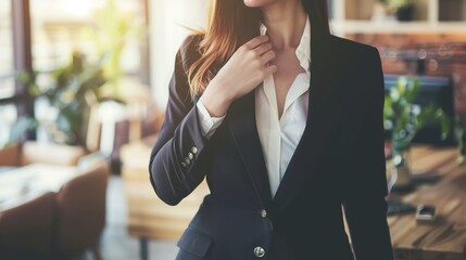 Fototapeta premium A professional businesswoman in a sleek black suit adjusting her tie while standing in an elegant office. Women, leadership, workplace, recruitment, talent, diversity, confidence