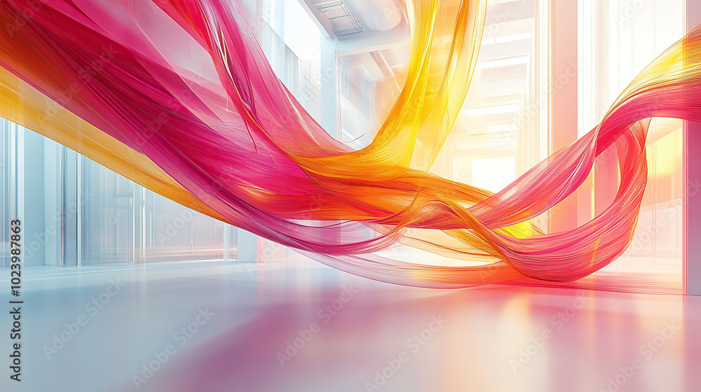 Poster abstract colorful background with flowing ribbons in a modern interior, a 3d rendering illustration 
