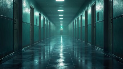 Long, Dark Corridor with Wet Floor and Doors
