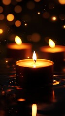 A serene candle flame flickering softly in a dark setting, creating a warm and calming ambiance.