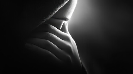 Naklejka premium A thoughtful silhouette of a person in deep contemplation with a soft light illuminating their features.