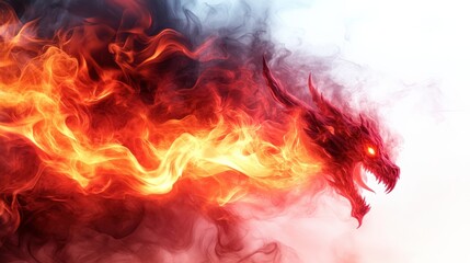 Fire dragon design with smoky flames, vibrant reds and oranges on a white background.