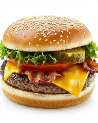 Delicious cheeseburger with bacon, lettuce, tomato, and pickles, served in sesame seed bun, perfect for satisfying meal