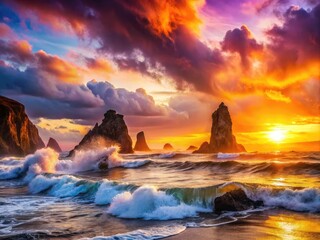 A mesmerizing sunset illuminates the turbulent ocean waves and towering sea stacks, capturing nature's artistry in this exquisite photograph.