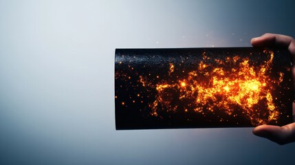 Fototapeta premium Hand holding a glowing, fiery cylindrical object with sparkles against a dark background.