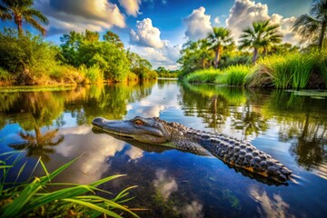 An alligator glides through a tranquil pond, enveloped by vibrant greenery in the picturesque Everglades National Park, showcasing nature’s beauty and serenity in unison.
