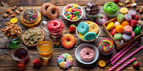 An assortment of delectable high-sugar snacks beautifully laid out on a rustic wooden table, inviting you to indulge in sweet delights and irresistible flavors.