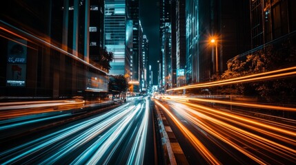 Obraz premium Long-exposure light trails from cars illuminate an urban cityscape at night, showcasing vibrant motion against towering skyscrapers