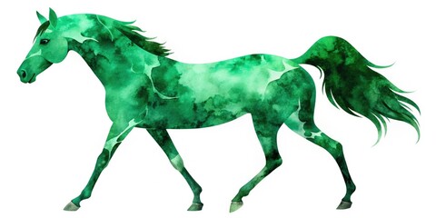 Obraz premium An elegant Arabian horse silhouette adorned with beautiful emerald watercolor textures, embodying the essence of equestrian art and celebrating the majesty of these magnificent creatures.