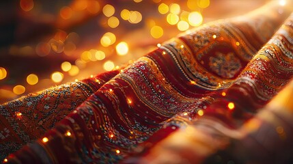 Luxurious fabric draped elegantly with sparkling lights, creating a warm and enchanting atmosphere of richness and depth.