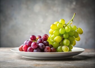 An elegant fruit display featuring fresh green and purple grapes arranged minimalist style, showcasing their vibrant colors and natural beauty for a sophisticated presentation.