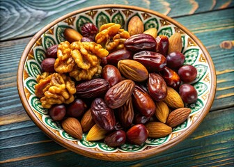 Obraz premium An elegant porcelain saucer, set upon a warm brown surface, displays a selection of organic raw almonds, pitted dates, and walnut halves, creating a refined presentation.