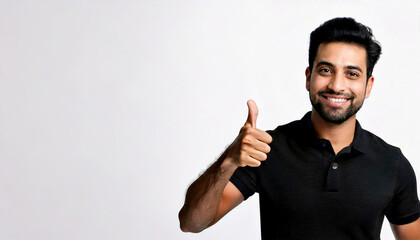 A South Asian man wearing a black polo shirt is giving a thumbs up against a white background.