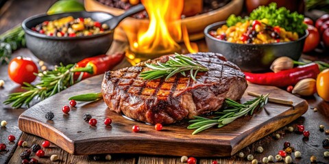 An exquisite steak sizzles on a heated stone, surrounded by vibrant sides and fragrant herbs, creating a captivating presentation in a trendy restaurant.