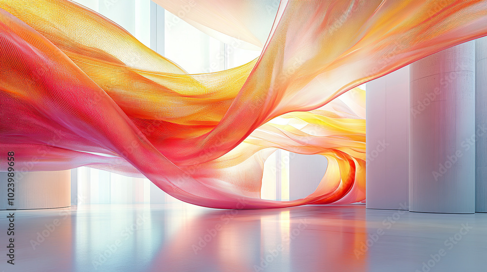 Poster abstract colorful background with flowing ribbons in a modern interior, a 3d rendering illustration 
