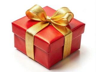 Obraz premium An eye-catching red gift box tied with an elegant golden ribbon, resting on a pure white background, evoking festive cheer for all your celebrations.