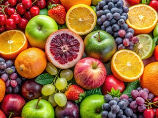 An eye-catching selection of organic grapes, citrus, and apples stands out on a minimalist, neutral background, accentuating their freshness and vivid colors perfectly.