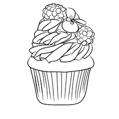 Cupcake outline illustration on transparent background. Food coloring page for kids