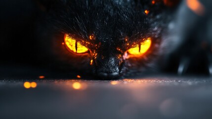 Fototapeta premium Mysterious black cat with glowing orange eyes, intense close-up view.
