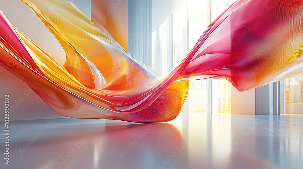 Poster abstract colorful background with flowing ribbons in a modern interior, a 3d rendering illustration 