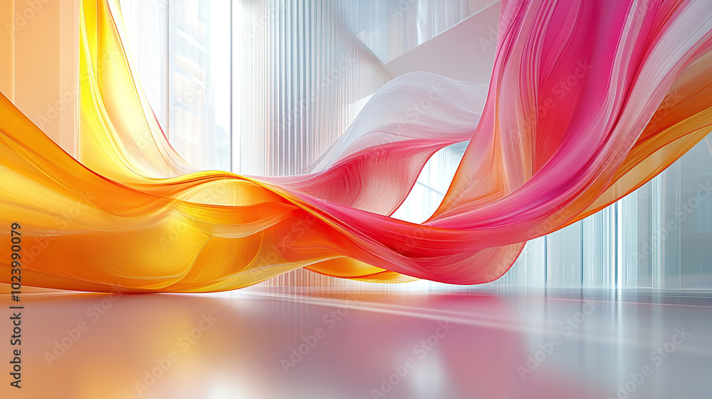 Poster abstract colorful background with flowing ribbons in a modern interior, a 3d rendering illustration 