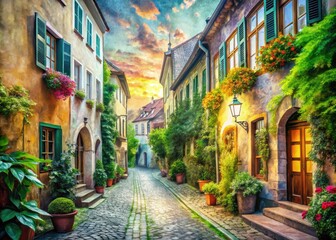 Fototapeta premium A picturesque European urban scene transformed into a double exposure, watercolor washes intertwining, crafting a stunning artistic photograph rich in color and emotion.