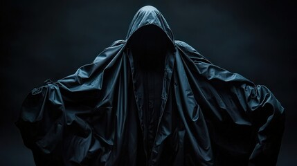 Mysterious figure in dark cloak, isolated on black background.