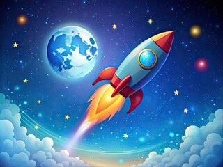 Naklejka premium A playful cartoon rocket zooms across a starry blue sky, dancing under a radiant moon, embarking on a whimsical adventure filled with cosmic wonders.
