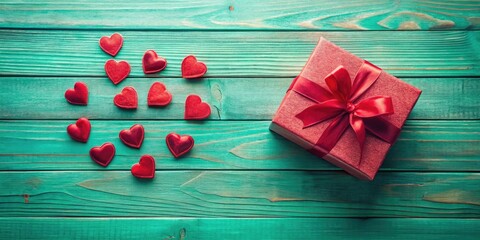 A romantic double exposure of a red gift box intertwined with hearts, set against a turquoise wood backdrop, capturing the essence of love and affection.