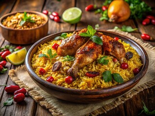 Aromatic rice accompanied by tender chicken, infused with spices, beautifully presented in a minimalist aerial view on a rich dark wood surface.