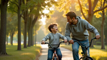 A joyful father and son ride their bikes together in a sunlit park, sharing laughter and creating cherished memories. This heartwarming image is perfect for family-oriented projects, parenting blogs