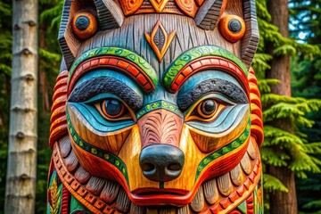 Fototapeta premium The detailed wolf face on a totem pole showcases Indigenous artistry, embodying cultural heritage, strength, and the deep-rooted spiritual connection to nature and ancestry.