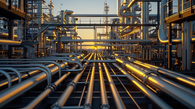 Industrial Pipes at Sunset in Oil Refinery Plant