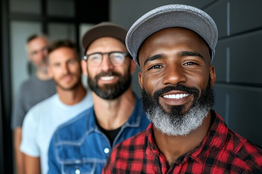 A group of veterans participating in a community outreach program, providing help to fellow former soldiers in need