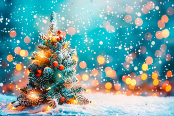 Christmas background. Xmas tree with snow decorated with garland lights, holiday festive background. Widescreen frame backdrop. New year Winter art design, Christmas scene wide screen holiday border