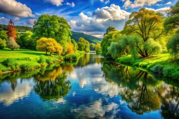 The peaceful river glides through lush greenery, mirroring the trees above in its calm waters, embodying a serene scene of nature&acirc;&euro;&trade;s tranquility.