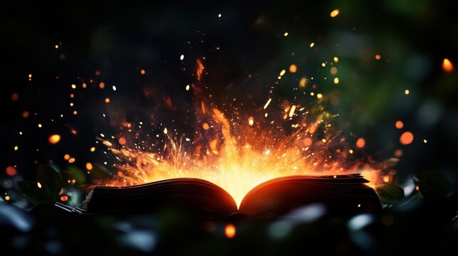 Open book with glowing sparks and bursts of light surrounding it