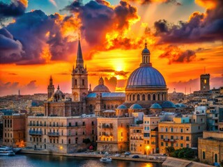 Fototapeta premium The stunning Malta skyline displays historic buildings beneath a vibrant sunset, with brilliant colors painting the sky, creating a breathtaking and unforgettable evening panorama.