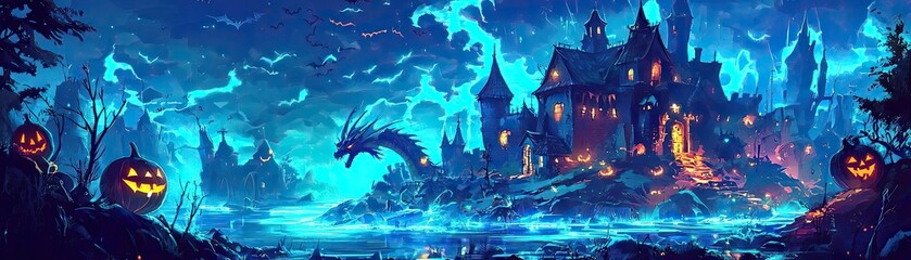 A hauntingly beautiful scene featuring a mystical castle, glowing pumpkins, and an eerie night sky filled with swirling colors.