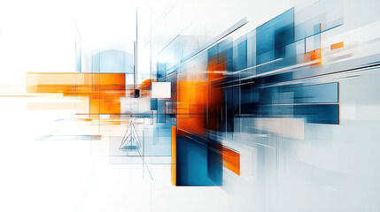 Fototapeta premium Abstract composition of blue, orange, and white shapes, lines, and circles. Digital illustration with a white background