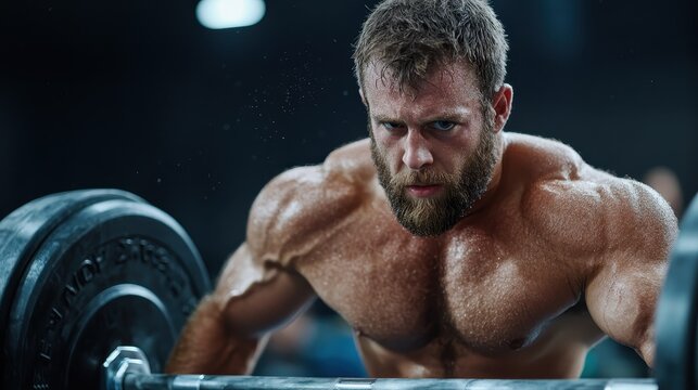 A muscular man focuses intently while lifting heavy weights in the gym, showcasing sheer strength and concentration, highlighted by sweat and determination on his face.