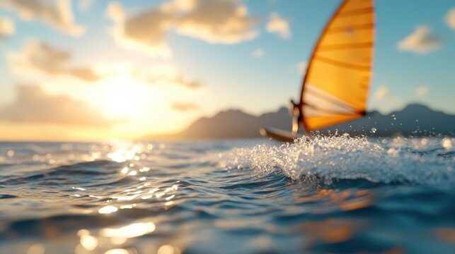 A lone windsurfer glides across the ocean water at sunset, thrillingly capturing the essence of freedom, adventure, and natural beauty against a colorful horizon.